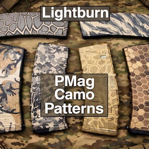 May include: An assortment of PMag magazines with various camouflage patterns. The image features magazines with geometric, digital, and traditional camouflage designs. The text "Lightburn" and "PMag Camo Patterns" are displayed.