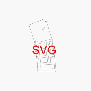 May include: Line drawing of a rectangular object with the letters "SVG" in red. The object has a rectangular top with a small cutout and a lower section with multiple rectangular and square cutouts. The object is tilted.