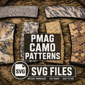 May include: A selection of PMAG camo patterns in diverse designs, including digital, hexagonal, and abstract patterns. The image displays the text "PMAG CAMO PATTERNS" and "SVG FILES" with the phrases "INSTANT DOWNLOAD", "CUT READY", and "EASY TO USE".