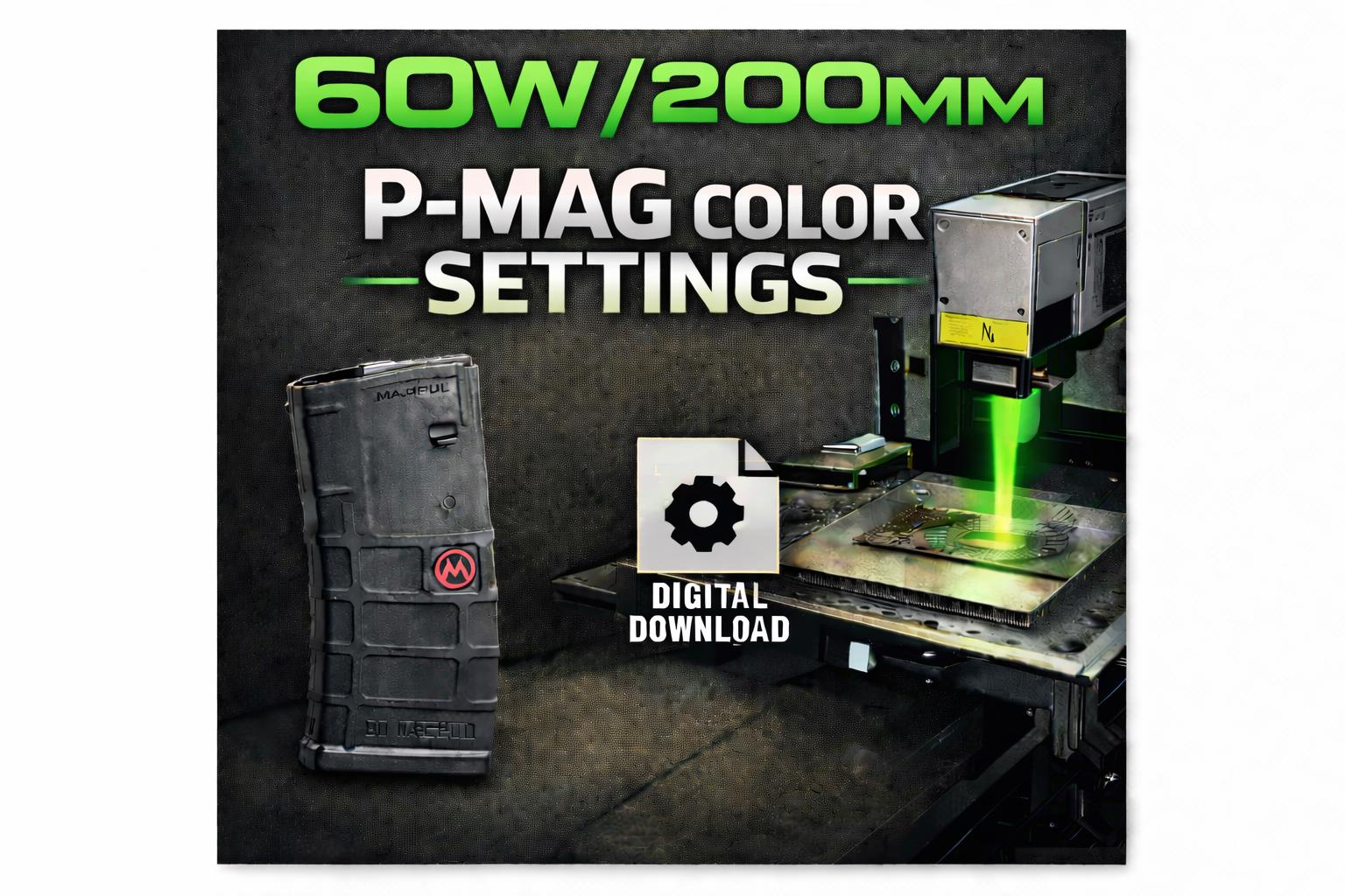 Réglages laser fibre pour MagPul P-Mag Colors 60 w / objectif 200 mm