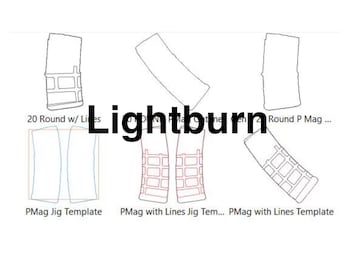 May include: Line art templates for creating a 20 round magazine, a PMag with lines jig template, and a PMag with lines template. The text "Lightburn" is in the center of the image.
