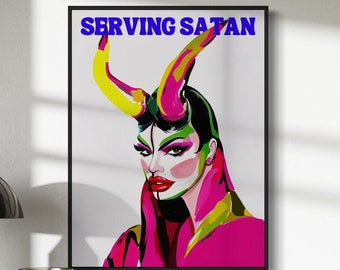 Serving Satan Drag Queen Artwork, Queer Art Print, Devil Horns, LGBTQ+ Wall Decor