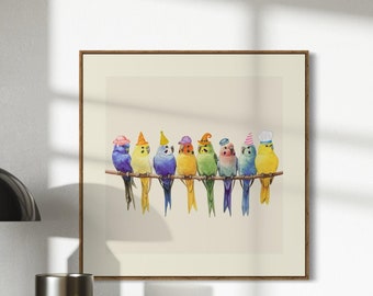 Rainbow Parakeet Party Print | Fun Bird Art with Rainbow Colours | Fun Wall Decor | Unframed Premium Paper | Perfect for Bird Lovers