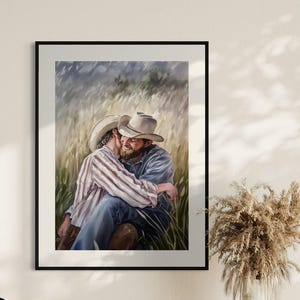 Gay Cowboy Watercolour Print – Blushin’ in the Bushes LGBTQ Wall Art | Romantic Queer Couple Artwork – Unframed Matte Print