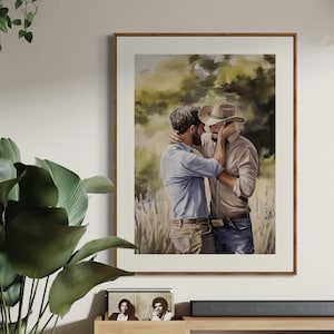 Gay Cowboy Watercolour Print – Kissed by Kindness LGBTQ Wall Art | Queer Romance Art Print – Unframed Matte Western Artwork