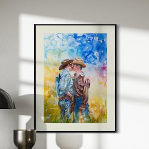 Stampa artistica Love in the Open Range / LGBTQ+ Cowboy Romance / Stampa acquerello senza cornice su carta opaca di alta qualità / Decorazione Western Pride