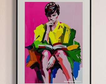 May include: A framed painting of a person sitting in a chair and reading a book. The person is wearing a yellow shirt and green jacket. The background is pink and blue.