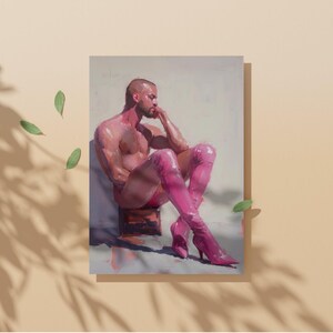 May include: An oil painting shows a seated figure with a shaved head, wearing pink thigh-high boots. The figure is seated on a small wooden block, with one arm resting on the knee. The painting has a soft, painterly style.