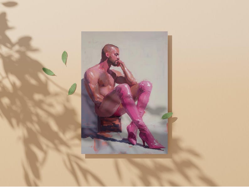 May include: An oil painting shows a seated figure with a shaved head, wearing pink thigh-high boots. The figure is seated on a small wooden block, with one arm resting on the knee. The painting has a soft, painterly style.
