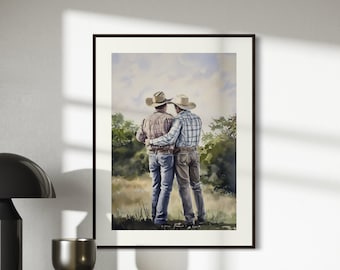 Side by Side Cowboy Gay Art Print – Romantic Western LGBTQ Wall Art, Rustic Country Decor, Gay Couple Love Painting, Queer Lovers Print