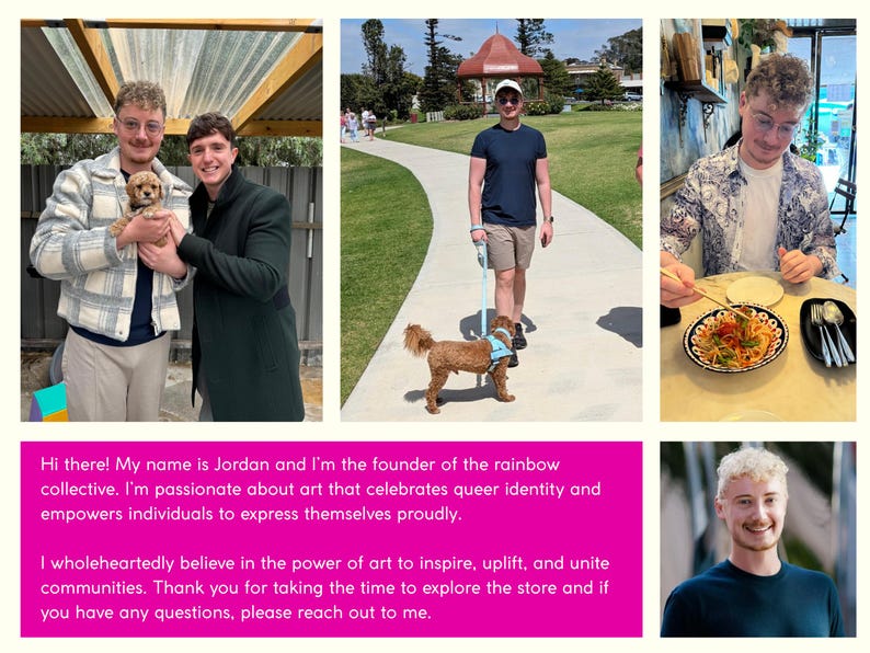May include: A collage of images featuring a person with a dog, eating, and with text. The text reads: "Hi there! My name is Jordan and I'm the founder of the rainbow collective..." The images show a person with a dog, eating, and a portrait.