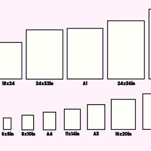 May include: A silhouette of a person stands next to a display of various rectangular art print sizes, including 5x7in, 6x8in, 8x10in, 11x14in, 16x20in, 16x24in, 18x24, 24x32in, 24x36in, and 30x40in. The model's height is listed as 5.5 feet and 167cm.
