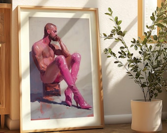 Pink Boot Introspection Gay Art Print | Bold LGBTQ Decor on Premium 200gsm Art Paper | Gay Art for Thoughtful Spaces | Framed or Unframed