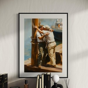 May include: Framed art print depicting two men embracing and kissing on a dock. One man wears a white shirt, suspenders, and green pants. The other wears a white shirt, cap, and tan pants. A boat is visible in the background.