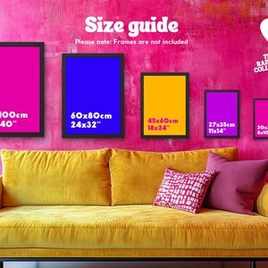 May include: A size guide for art prints, showing five different sizes of framed prints on a pink wall. The sizes are listed in both inches and centimeters. The text "Size guide" and "Please note: Frames are not included" are also visible. The prints are on a yellow couch with pink pillows.