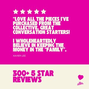 May include: A bright pink graphic with white text and five white stars. The text includes a customer quote, the number of reviews, and the name of the business, The Rainbow Collective.