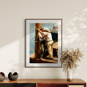 May include: A framed art print depicts two men embracing on a dock, with a boat in the background. One man wears a white shirt and khaki pants, the other a white shirt and green pants. The artwork is displayed on a wooden cabinet.