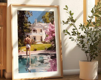 Reflektioner av begär – HBTQ+ oljemålning | Gay konsttryck | Queer lyxestetik | Elegans vid poolen | 200gsm oramat tryck