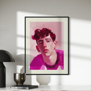 Puede incluir: Una pintura digital de una persona con el pelo rosa y una camisa rosa. La persona está mirando directamente al espectador.