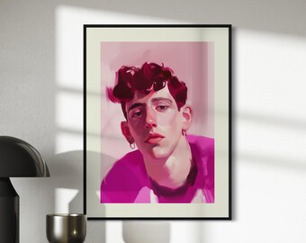May include: A digital painting of a person with pink hair and a pink shirt. The person is looking directly at the viewer.