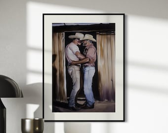 Cowboy Romance Art Print – Gay Western Wall Art, Queer Love, Rustic Barn Kiss, LGBTQ+ Home Decor, Gay Country Aesthetic