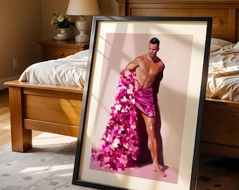 May include: Framed art print featuring a muscular figure draped in a pink fabric and a cascade of pink and white floral elements. The artwork is set against a soft pink backdrop, creating a striking visual contrast. The frame is black.