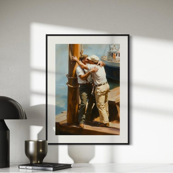 Dockside Farewell Kiss – Queer Oil Painting Print | Romantic LGBTQ+ Nautical Wall Art | Premium Matte Unframed Art Print for Home Decor