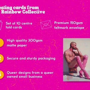 May include: Greeting cards from The Rainbow Collective. The image shows a set of 10 centre fold cards with a premium 150gsm feltmark envelope. The cards are made with high-quality 300gsm matte paper and feature queer designs.