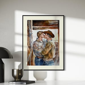 Lovers in the Barnlight - Romantic Cowboy Art Print | Rustic LGBTQ+ Artwork | Queer Love Wall Decor | Premium Unframed Matte Poster