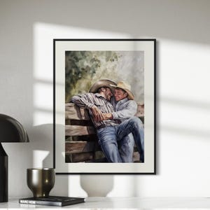 Gay Cowboy Watercolour Print – Romantic Western Wall Art for Queer Homes | Fence Line Flirtation – Unframed Matte Art Print
