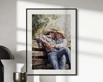 Gay Cowboy Watercolour Print – Romantic Western Wall Art for Queer Homes | Fence Line Flirtation – Unframed Matte Art Print