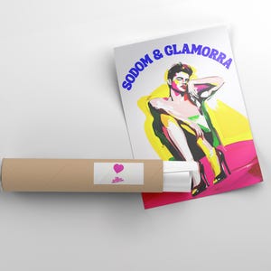 May include: A poster with the text "SODOM & GLAMORRA" and an illustration of a person in high heels. The poster is next to a brown cardboard tube with a white label and a pink heart.