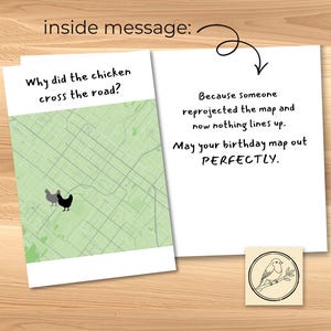 May include: Greeting card with a map design and the question, "Why did the chicken cross the road?" The inside message reads, "Because someone reprojected the map and now nothing lines up. May your birthday map out PERFECTLY."