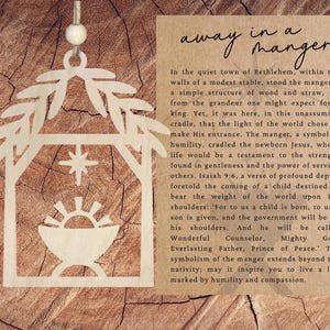 Adorno de natividad con tarjeta de historia/Away in a Manger/Recuerdo inspirador/Regalo motivacional/Decoración navideña única/Amuleto para auto
