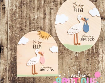 Gepersonaliseerd bord met geboorteaankondiging ooievaar - Aangepast decoratiecadeau baby