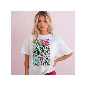 Er ist auferstanden | Christliche Ostergrafiken | Blumen Auferstehung Collage | | Christliches Shirt | Jesus-Shirt-Designs