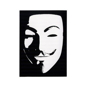 May include: Black and white illustration of the iconic Anonymous mask, featuring a stylized face with a wide smile and a prominent nose.