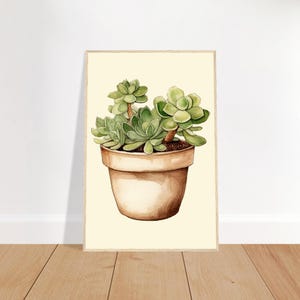 Poster encadré composition de succulentes en pot terracotta, affiche botanique aquarelle, décoration murale végétale prête à accrocher