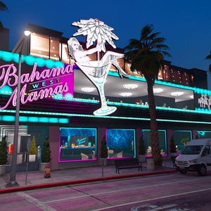 May include: Exterior view of a building at dusk with the neon sign "Bahama West Mamas". A large martini glass with a woman silhouette is on the roof. Palm trees and a white van are in front of the building.