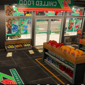 Puede incluir: Vista interior de un supermercado con estanterías repletas de diversos productos. La tienda cuenta con un cajero automático, productos frescos y alimentos refrigerados. El letrero sobre la entrada dice "CHILLED FOOD".