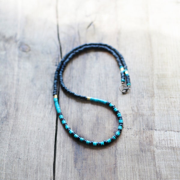 SALE 25% OFF Mixed Media Boho Necklace Turquoise Gold Black