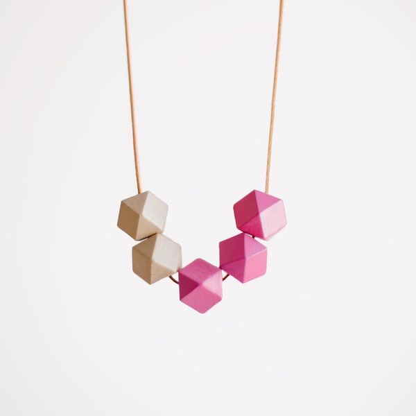 Geometric Necklace / Boho Necklace / Wooden Necklace/ Pink White Necklace