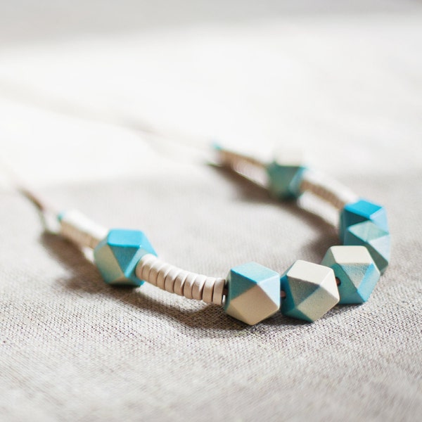 Geometric Necklace / Wooden Necklace/ Baby Blue/ Beige