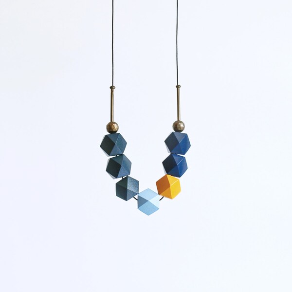 Geometric Jewelry / Geometric Necklace / Wooden Necklace/ Navy Blue Dark Moss Light Blue Mustard Brass Necklace