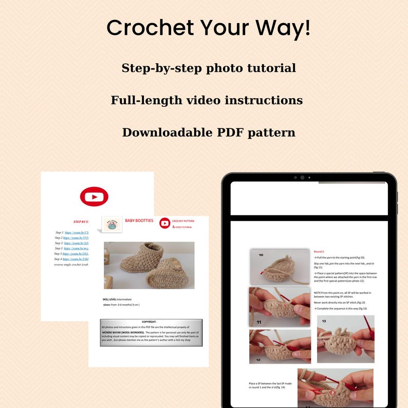 Op de afbeelding: Advertentie voor een digitaal haakpatroon met de tekst "Crochet Your Way!". Het bevat stap-voor-stap fototutorials, volledige video-instructies en downloadbare PDF-patronen. Een tablet toont haakinstructies.