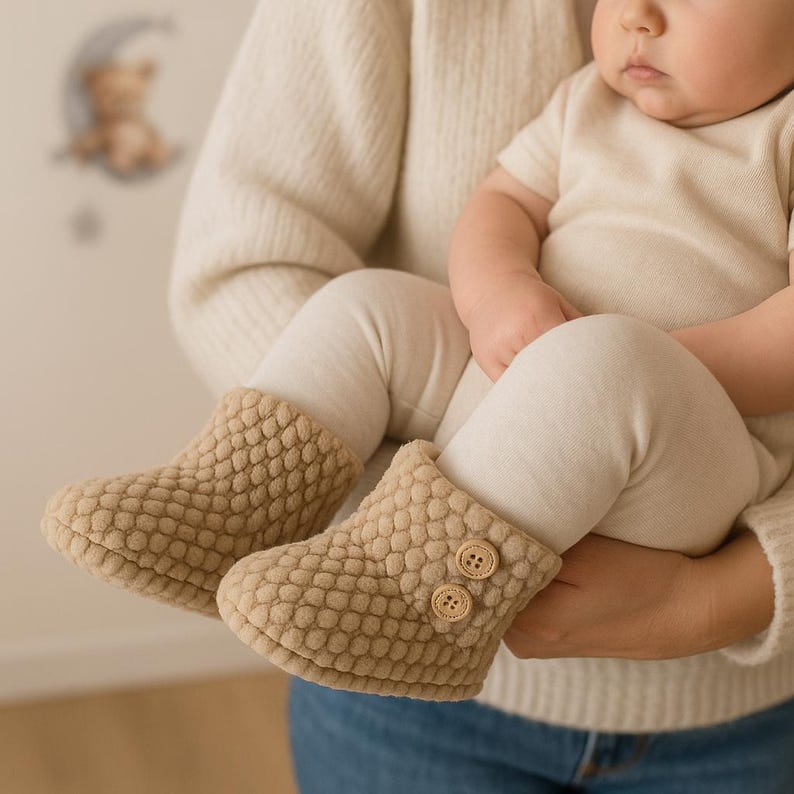 Op de afbeelding: Een paar beige babyschoentjes met een textuur, bubbelachtig patroon. Elke schoen heeft twee kleine, ronde knopen. De schoentjes zijn ontworpen om de voetjes van een baby warm en comfortabel te houden.