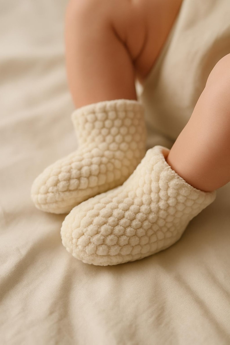 Op de afbeelding: Close-up van twee cr&egrave;mekleurige babyslofjes met een textuur, bubbelachtig patroon. De slofjes liggen op een zacht, neutraal getint oppervlak, wat duidt op comfort en warmte. De afbeelding benadrukt het gezellige ontwerp.
