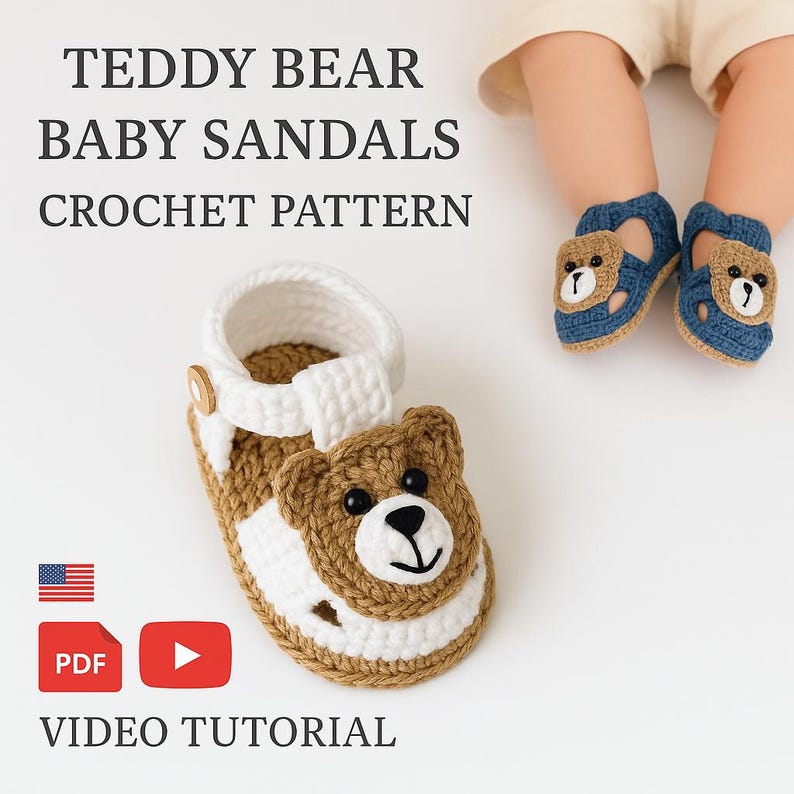 Babyschuhe Häkelanleitung mit Bär Applikation, 0-15 Meter Bild 1