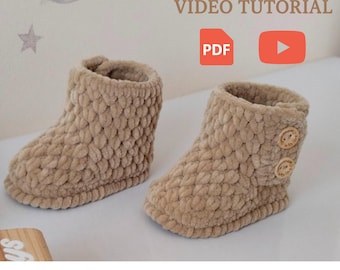 Crochet Baby Booties Pattern PDF and Video Tutorial  –Intermediate Level Winter Slippers  • Beginner Tips Included for 0-6 months