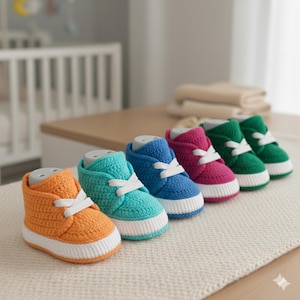 Può includere: Una fila di sei scarpine da neonato all'uncinetto colorate: arancione, turchese, blu, rosa e verde. Ogni scarpa ha lacci bianchi e una suola bianca. Le scarpe sono disposte su una superficie color crema.